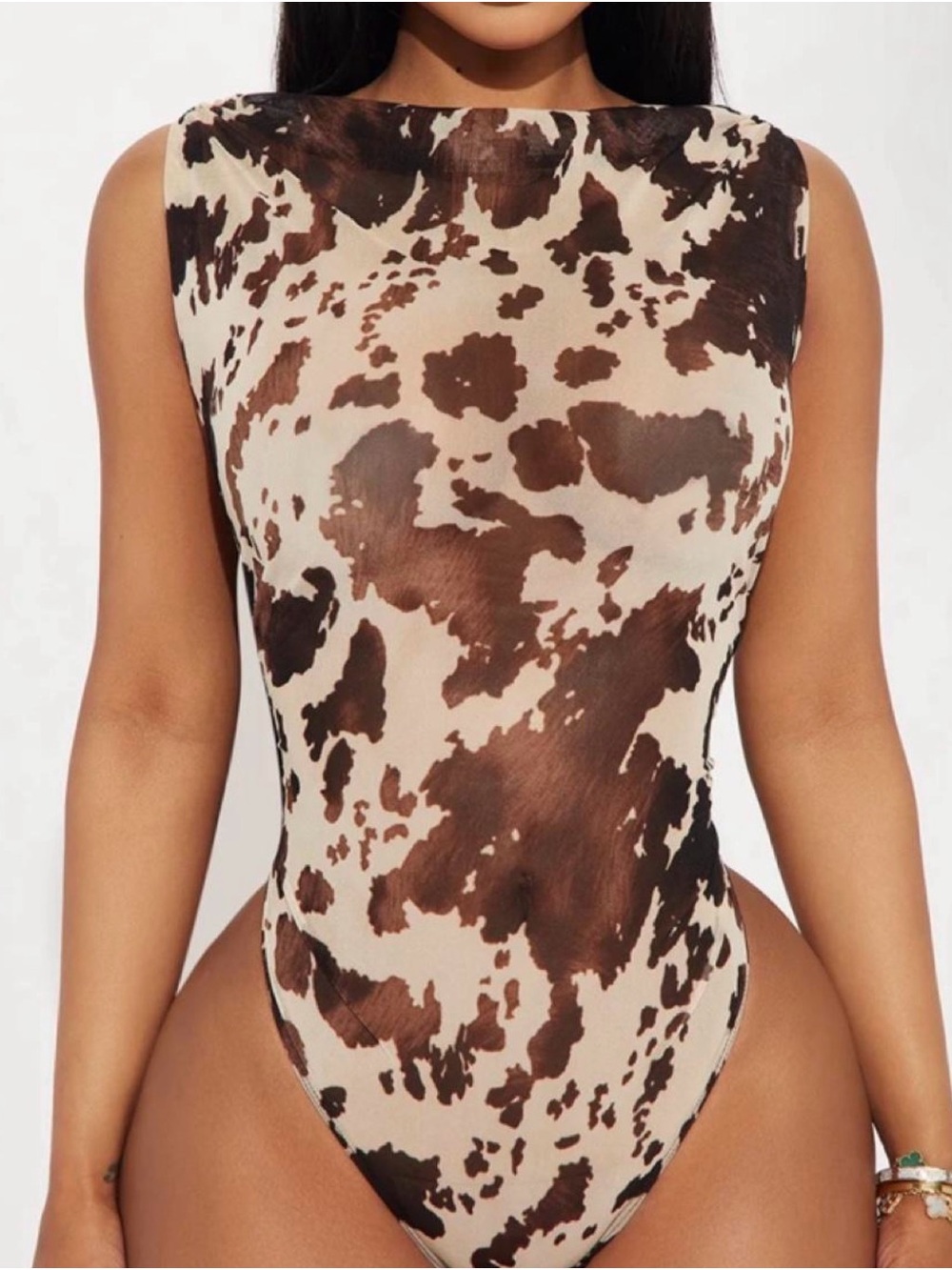 Women’s Sleeveless Cow Print Bodysuit - Brown